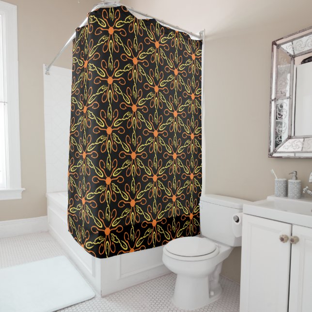Orange Hook Yellow Hook Yellow Fish Flower Pattern Shower Curtain (In Situ)