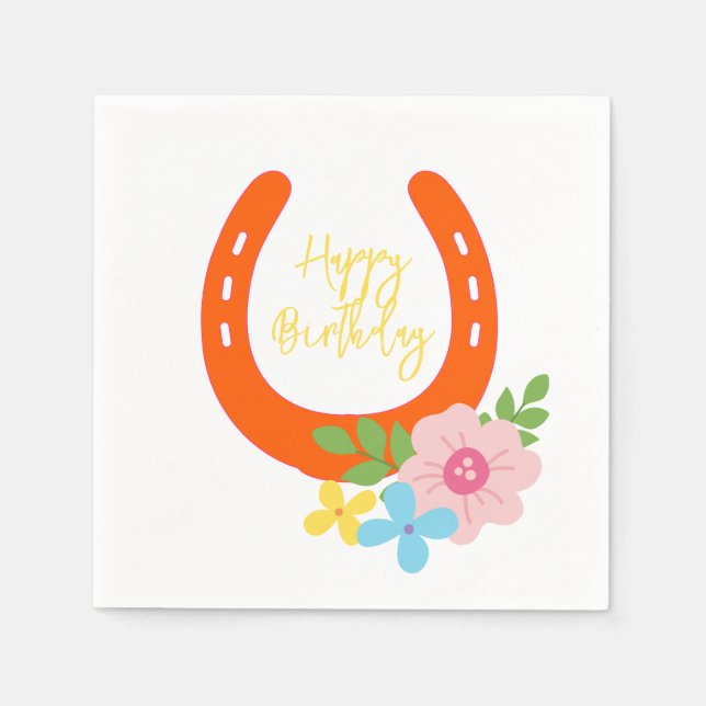 Orange Horseshoe Yellow HAPPY BIRTHDAY Flowers Fun Napkins (Front)