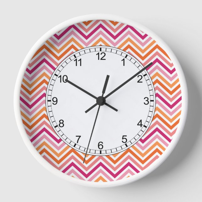 Orange & Hot Pink Chevron Pattern Clock (Front)