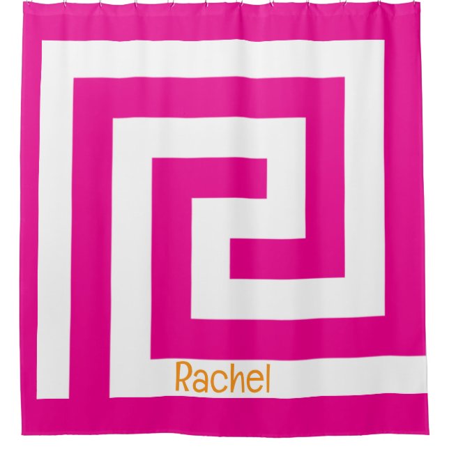 Orange Hot Pink Greek Key Monogram Name White Shower Curtain (Front)