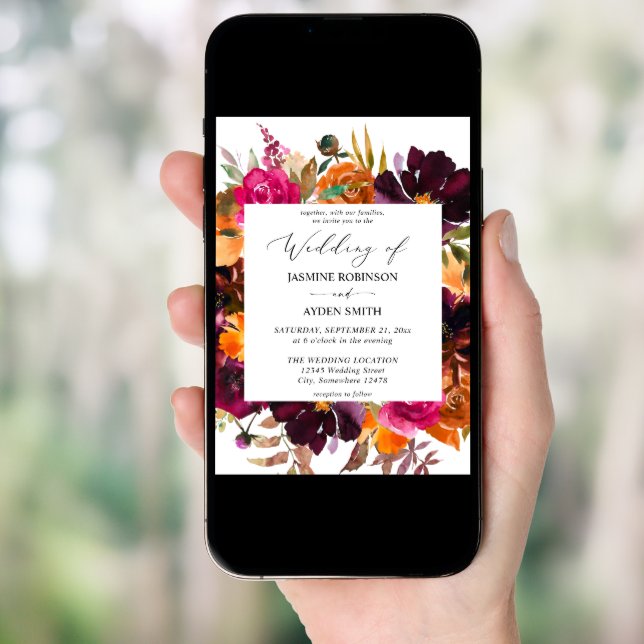 Orange, Hot Pink & Purple Fall Floral 2 Wedding Invitation (Front Digital)