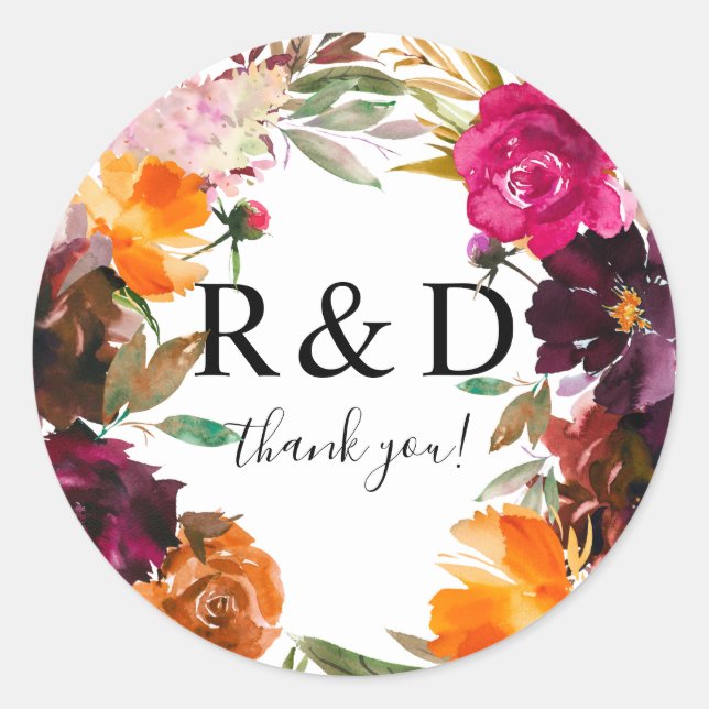 Orange, Hot Pink, & Purple Fall Floral Monogram 3- Classic Round Sticker (Front)