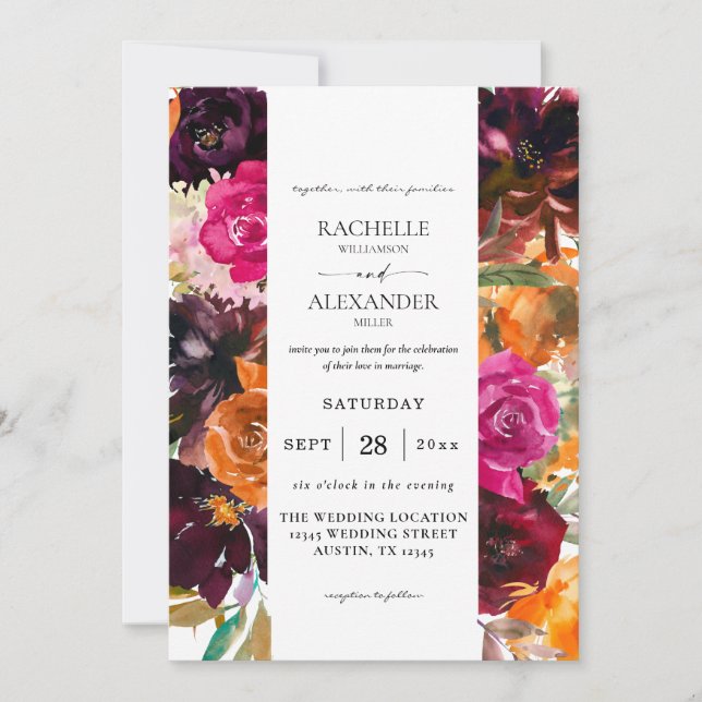 Orange, Hot Pink & Purple Fall Floral Wedding Invitation (Front)