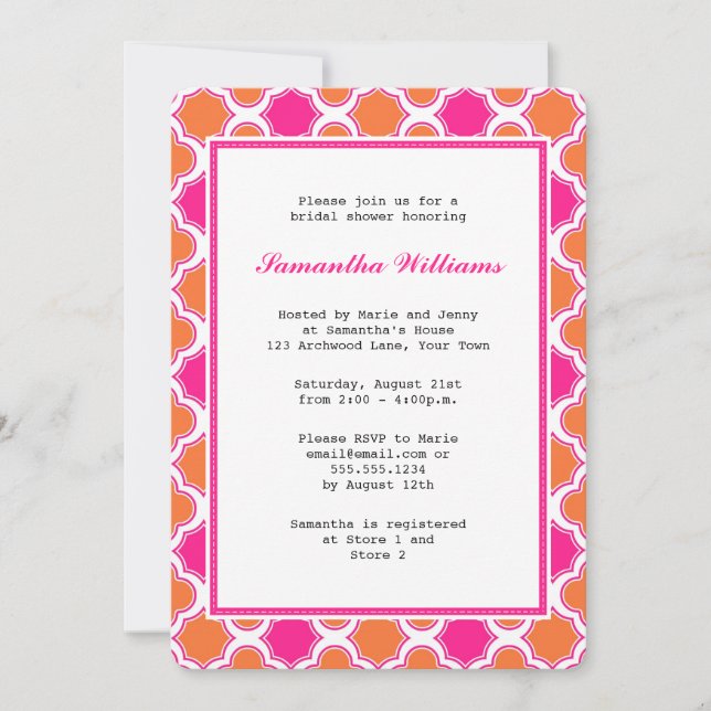 Orange & Hot Pink Quatrefoil Pattern Bridal Shower Invitation (Front)