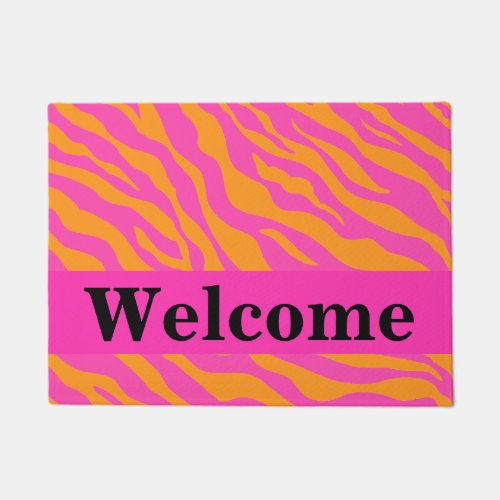 Orange Hot Pink Zebra Skin Pattern Welcome Doormat