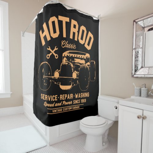 Orange Hot Rod on Black Shower Curtain