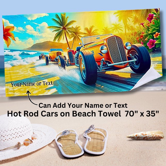 Orange Hot Rods on the Surf Beach for Car Lover  Beach Towel (Creator Uploaded)