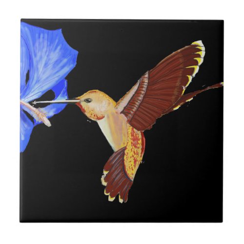 Orange Hummingbird and Blue Hibiscus Ceramic Tile