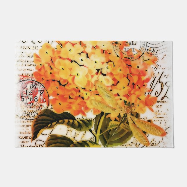 Orange hydrangea and dragonfly doormat (Front)