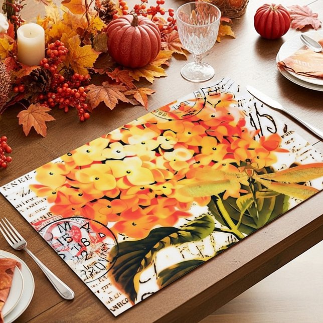 Orange hydrangea and dragonfly paper placemat (Creator Uploaded)