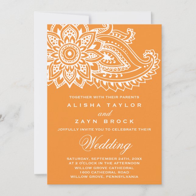 Orange Indian Paisley Wedding Invitation (Front)