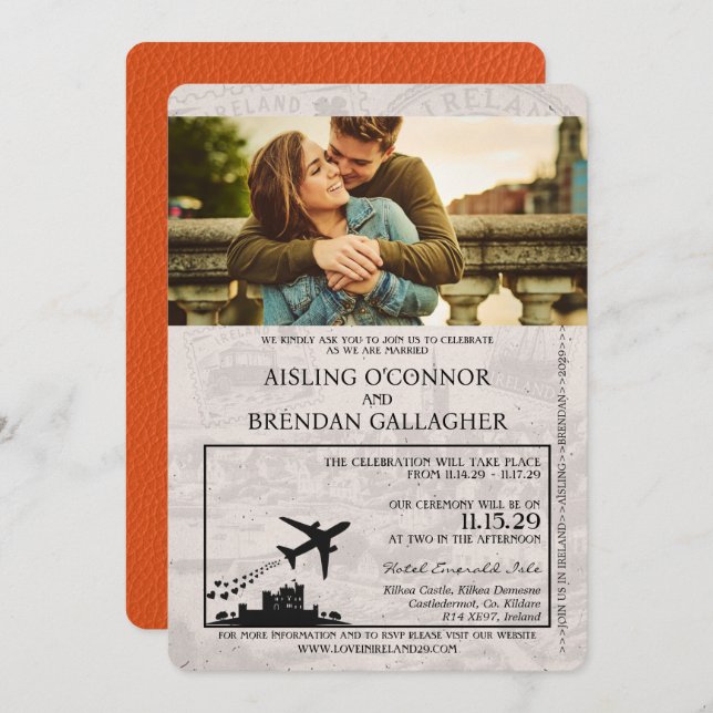 Orange Ireland Passport Wedding Invitation (Front/Back)