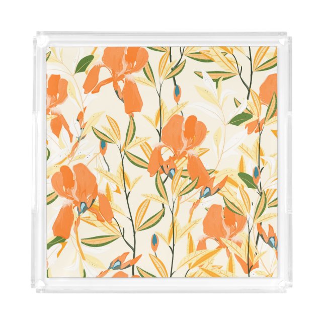 Orange irises: seamless floral pattern acrylic tray (Front)