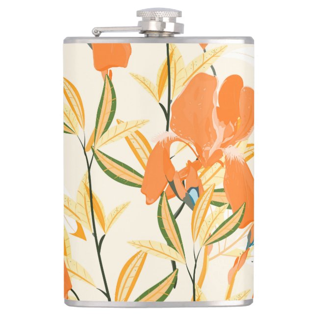 Orange irises: seamless floral pattern flask (Front)