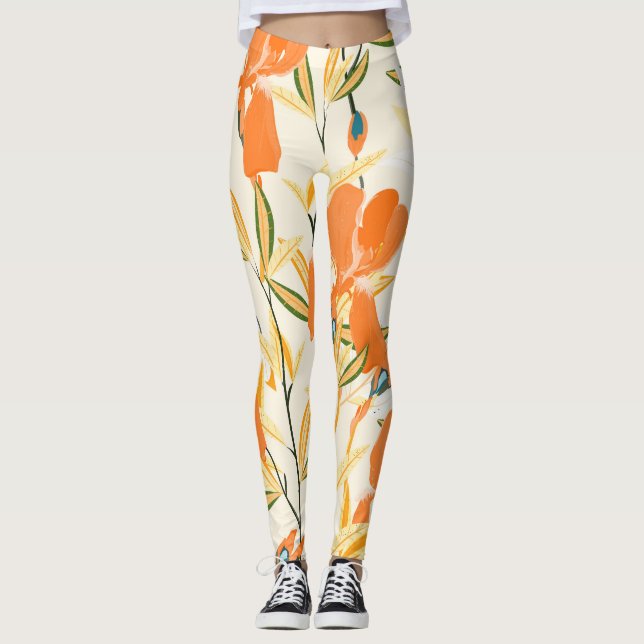 Orange irises: seamless floral pattern leggings (Front)