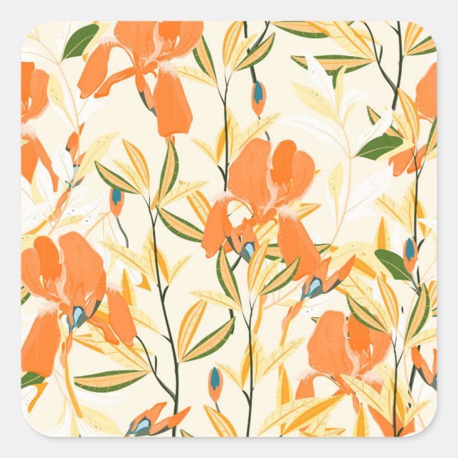 Orange irises: seamless floral pattern square sticker (Front)