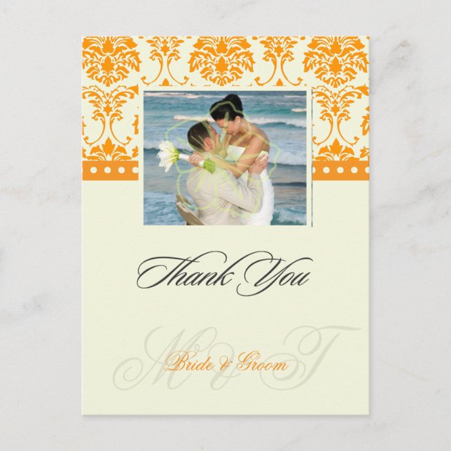 Orange +  Ivory Damask Thank You Photo postcards, Postcard (Front)