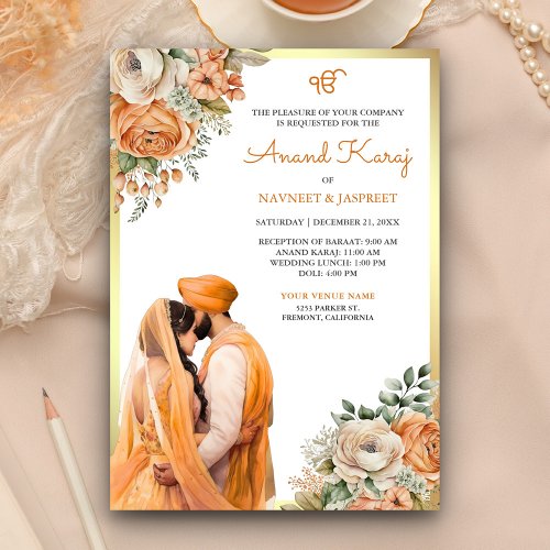 Orange Ivory Floral Anand Karaj Sikh Wedding Invitation