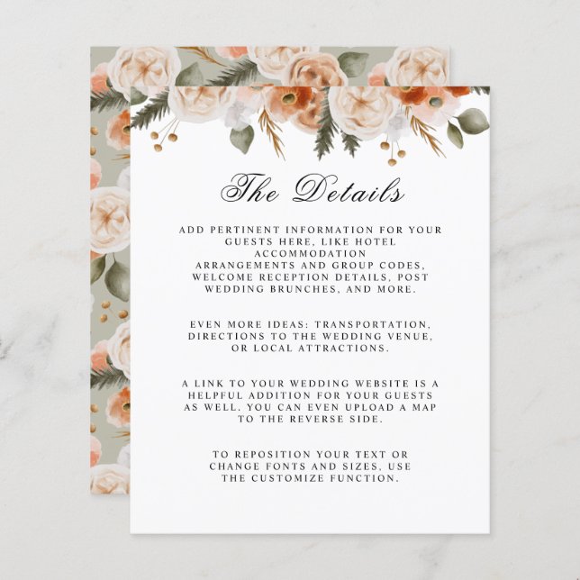 Orange Ivory Moss Floral budget wedding details (Front/Back)