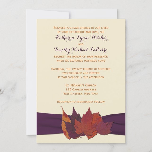 Orange, Ivory, Purple Dried Leaves Wedding Invite (Front)