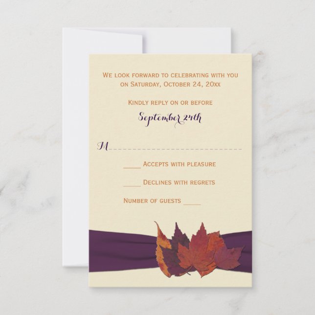 Orange, Ivory, Purple Dried Leaves Wedding RSVP Card (Front)