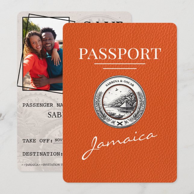 Orange Jamaica Passport Save The Date (Front/Back)