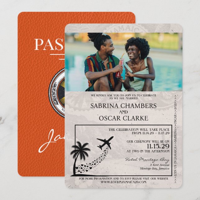 Orange Jamaica Passport Wedding Invitation (Front/Back)