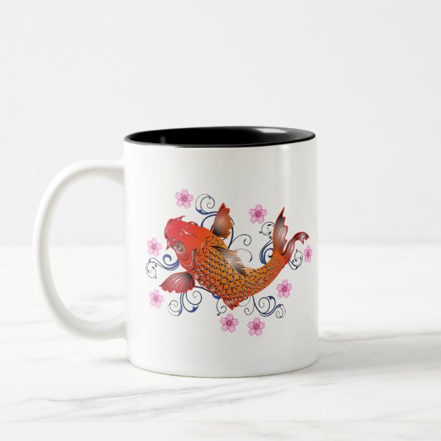 Orange Japanese Koi Fish Personalized Initial Two-Tone Coffee Mug (Left)