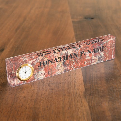 Orange Jasper Stone Desk Name Plate With Clock