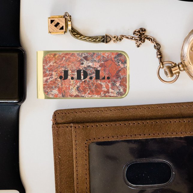 Orange Jasper Stone Pattern Monogram Gold Finish Money Clip (In Situ)