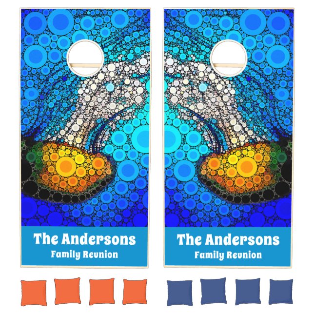 Orange Jellyfish Blue Ocean Family Reunion Name Cornhole Set (Set)