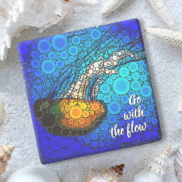 Orange Jellyfish Blue Ocean Go With the Flow Quote Stone Coaster
