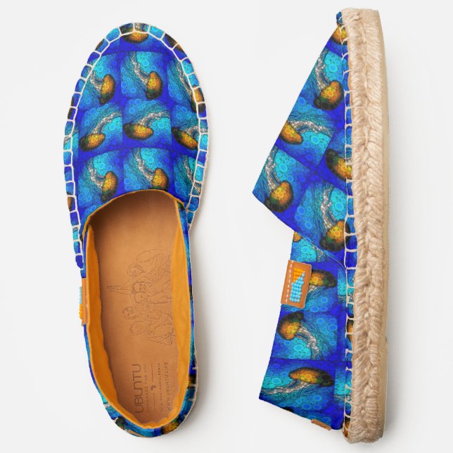 Orange jellyfish in blue ocean pattern cool modern espadrilles (Side)