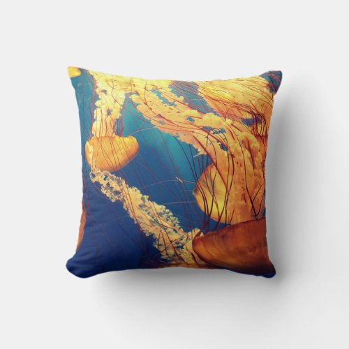 Orange Jellyfish on Blue Throw Pillow