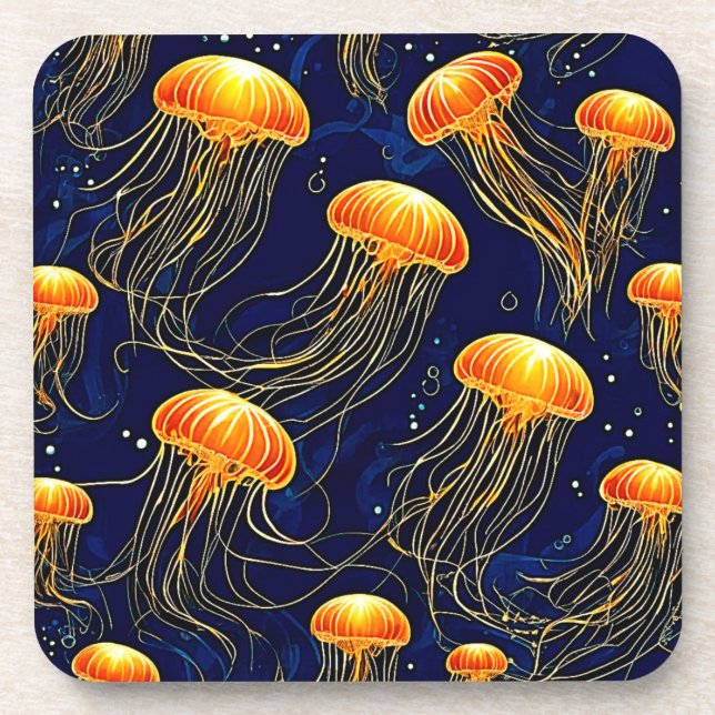 Orange Jellyfish Pattern Art Beverage Coaster (Front)