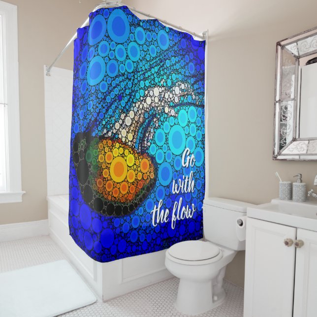 Orange Jellyfish Turquoise Ocean Go with the Flow Shower Curtain (In Situ)