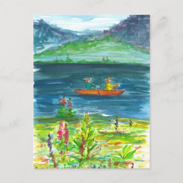 Orange Kayak Mountain Lake Watercolor Postcard (Front)