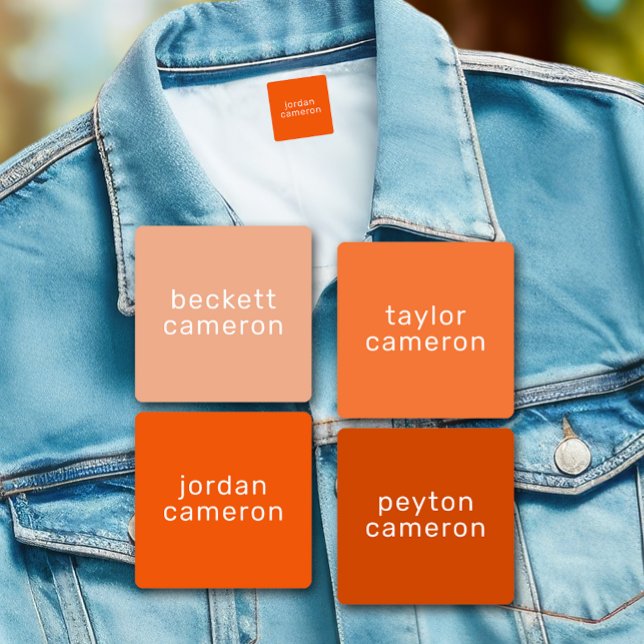 Orange Kids Name Iron On Clothing Labels (1" x 1" clothing labels iron-on or adhesive, 2 sheets of 28 labels, USE 1 OR up to 4 NAMES)