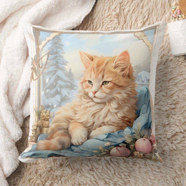 Orange Kitten Blue Clothing Throw Pillow (Blanket)