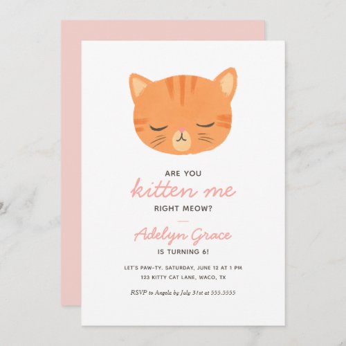 Orange Kitten Girl Birthday Invitation