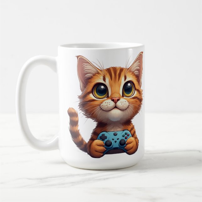 Orange Kitten Holding Game Controller Gamer Cat Coffee Mug (Left)