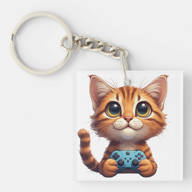 Orange Kitten Holding Game Controller Gamer Cat Keychain (Front)