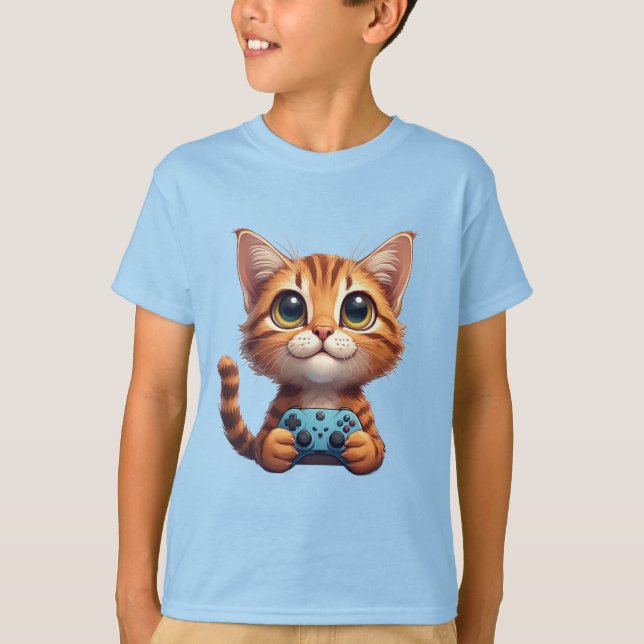 Orange Kitten Holding Game Controller Gamer Cat T-Shirt (Front)