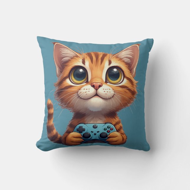 Orange Kitten Holding Game Controller Gamer Cat Throw Pillow (Front)