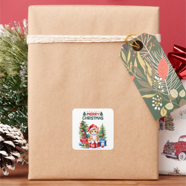 Orange Kitten In Santa Hat Merry Christmas Square Sticker (Holiday)