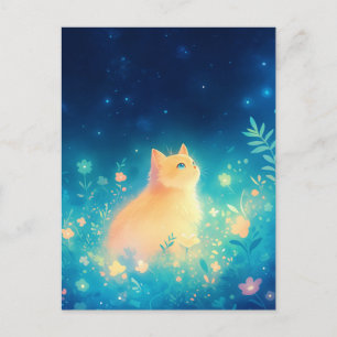 Orange Kitten in Starry Night Meadow Postcard