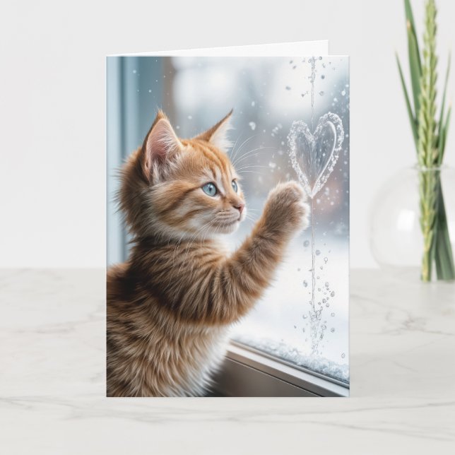 Orange Kitten With A Frosty Window Heart Card (Front)
