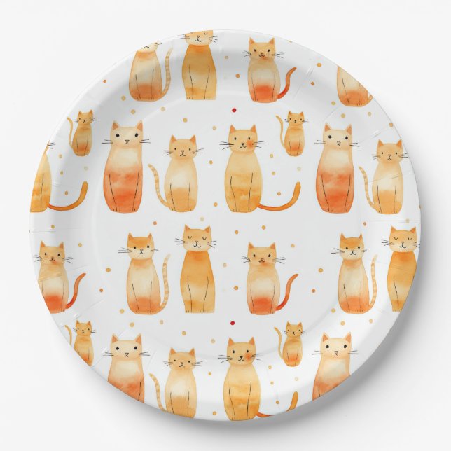 Orange Kitty Cats Birthday Paper Plates (Front)