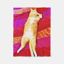 Orange kitty sleeping on red fleece blanket