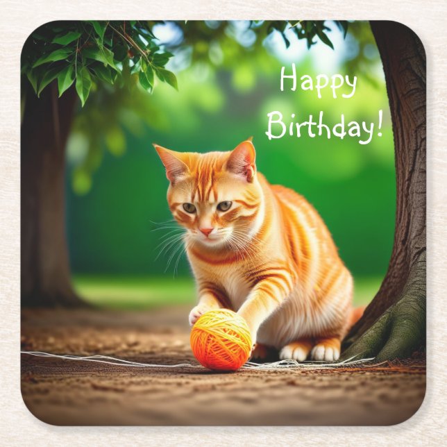 Orange Kitty Square Paper Coaster (Front)